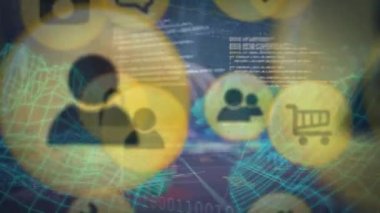 Animation of icons over data processing and digital mountains. Global finances, computing and digital interface concept digitally generated video.