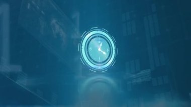 Animation of clock moving clock over blue background diverse data clock. Global connections digital interface and data processing concept digitally generated video.