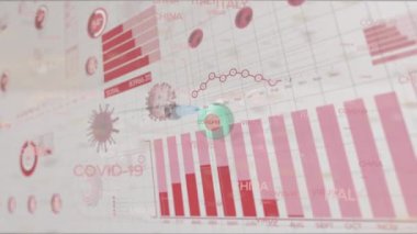 Animation of covid 19 text and data processing with virus cells over syringe. Global covid 19 pandemic and digital interface concept digitally generated video.