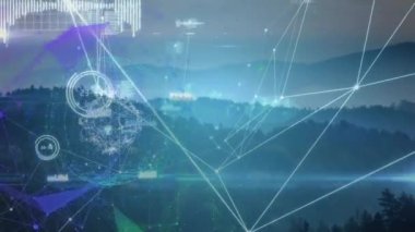 Animation of globe of network of connections and plexus networks against landscape with mountains. Global networking and business technology concept
