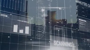 Animation of data processing over lift in office. Global finance economy business and technology concept digitally generated video.