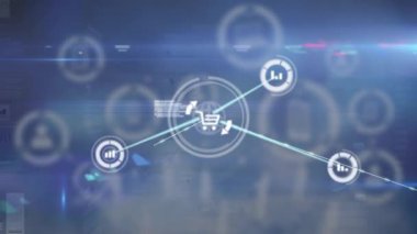 Animation of network of digital icons and data processing against blue background. Global networking and business technology concept