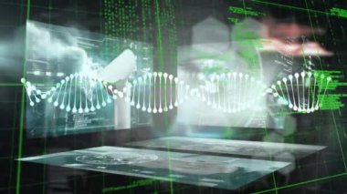 Animation of dna structures spinning over screens with data processing against black background. Medical research and science technology concept