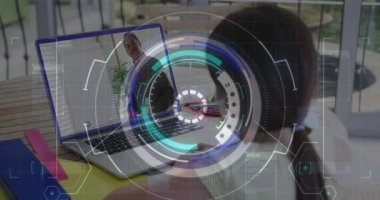 Animation of round scanner and data processing over rear view of girl having a video call on laptop. School and education technology concept