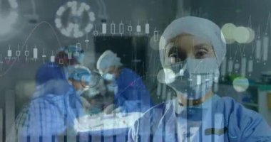 Animation of data processing over surgeons in operating theatre. Global covid pandemic and healthcare services concept digitally generated video.