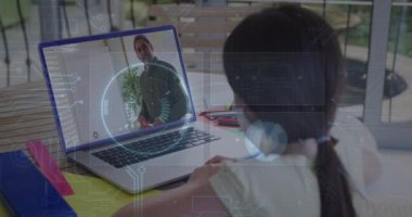 Animation of round scanner and microprocessor connections against girl having a video call on laptop. School and education technology concept