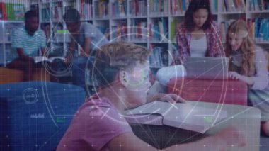 Animation of connections over diverse students learning at connections. High school education connections and learning with technology concept digitally generated video.