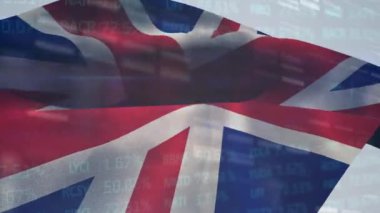 Animation of flag of usa waving over surgeons in operating theatre. Global economy and business partnership concept.