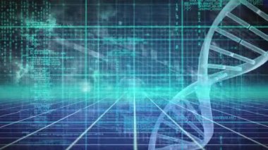 Animation of dna structures spinning over grid network against interface with data processing. Medical research and science technology concept