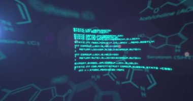Animation of chemical structures and data processing against blue background. Medical research and science technology concept