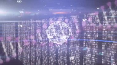 Animation of financial data processing with globe over cityscape. Global business finance technology and digital interface concept digitally generated image.