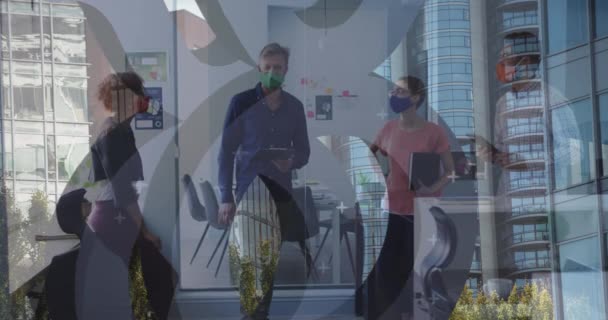 Animation Shapes Diverse Business People Wearing Face Masks Office Lifestyle — Stock Video
