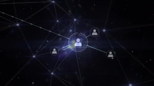Animation Glowing Network Connections Profile Icons Black Background Global Networking — Αρχείο Βίντεο