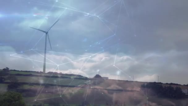 Animation Network Connections Spinning Windmill Clouds Sky Global Networking Renewable — Vídeo de Stock