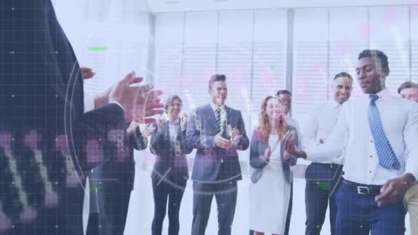 Animation Dna Helix Circles Diverse Colleagues Applauding Man Dancing Office — Stockvideo