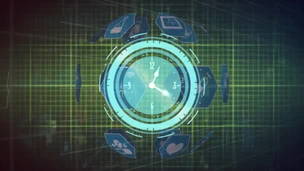 Animation Neon Ticking Clock Globe Digital Icons Spinning Heart Rate — Vídeo de stock