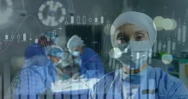 Анімація Обробки Даних Над Хірургами Операційному Театрі Глобальна Концепція Кривавої — стокове відео