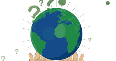 Image of hands holding globe over question marks on white background. Global education and digital interface concept digitally generated image.