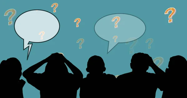 Image of people silhouettes with speech bubble over question marks on blue background. Global education and digital interface concept digitally generated image.
