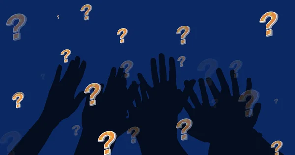 Image of question marks over hands on blue background. Global education and digital interface concept digitally generated image.