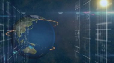 Animation of data processing, lights and globe in black space. Global data processing and technology concept digitally generated video.