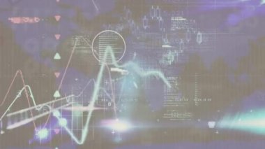 Animation of connected dots, binary code, programming language and blockchain, graph and z alphabet. Digitally generated, hologram, communication, coding, database, business and technology concept.