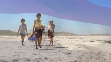 Composite video of waving netherlands flag over group of diverse friends walking at the beach. Global tourism and travel concept
