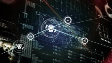 Animation of icons connected with lines, globe over infographic interface in background. Digitally generated, hologram, globalization, communication, graphs, report, finance and technology concept.