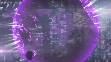 Animation of globe with rotating over icons data processing on digital interface. Global research technology and digital data network concept digitally generated video.