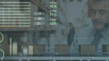 Beyaz adam ve ambardaki paketlerle ilgili grafiklerin ve finansal verilerin animasyonu. Küresel iş, dağıtım hizmetleri ve ekonomi konsepti dijital olarak oluşturulmuş video.