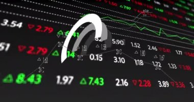 Animation of round scanner over stock market data processing against black background. Global economy and business technology concept