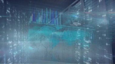 Animation of data processing with charts and graph in server room. Digital composite, communication, business, futuristic, technology, data center, networking, machine learning.