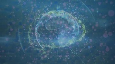 Animation of floating dots and abstract pattern over rotating globe against blue background. Digitally generated, hologram, globalization, geometric shape, communication and technology concept.