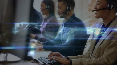 Animation of digital waves over team of office colleagues wearing phone headset working at office. Global networking and business technology concept