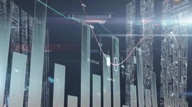 Animation of data processing over screens with microprocessor connections against blue background. Computer interface and business technology concept