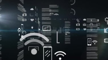 Animation of interface with data processing over green light spot moving against black background. Computer interface and business technology concept