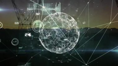 Animation of connections and globe over electricity poles. Global energy, electricity and power concept digitally generated video.