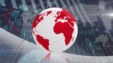 Animation of lines moving around globe, trading board over digital infographic interface. Digitally generated, hologram, globalization, reports, data, geography, stock market and investment concept.