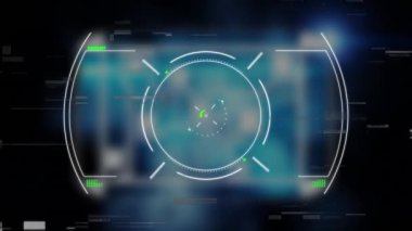 Animation of viewfinder with glitch on blue and black background. Data processing, digital screen and technology concept digitally generated video.