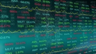 Animation of financial data moving with graphs on digital interface. Digital composite, communication, business, futuristic, technology, finance, economy, development.