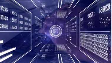 Bilgisayar kullanarak ellerin üzerinde veri işleme animasyonu. küresel iş ve dijital arayüz kavramı dijital olarak oluşturulmuş video.