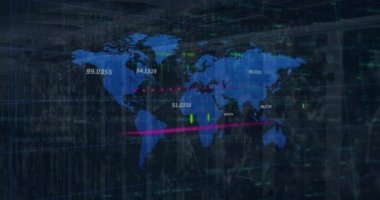 Animation of financial data processing over world map against empty computer server room. Global finance and business data storage technology concept
