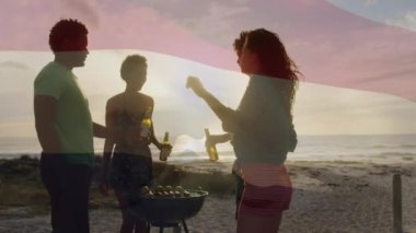 Composite video of waving netherlands flag over group of diverse friends toasting drinks at beach. Global tourism and travel concept