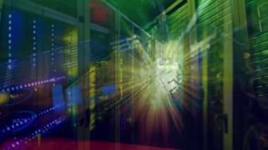 Animation of cube rotating with light beams, graphs, chart on digital interface in server room. Digital composite, communication, business, futuristic, technology, finance, economy.