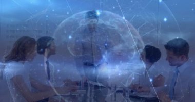 Animation of globe, dots interconnected with lines over caucasian manager discussing with coworkers. Digital composite, multiple exposure, global business, teamwork, communication and technology.