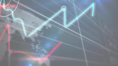 Animation of multicolored graph, clock, trading board over map in background. Digitally generated, hologram, reports, finance, investment, time, geography, business and technology concept.