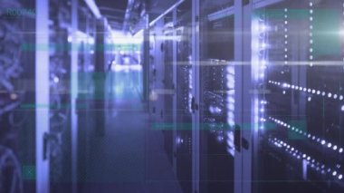 Animation of bokeh effect over illuminated server room. Digital composite, communication, business, futuristic, technology, innovation, machine learning, cloud computing.