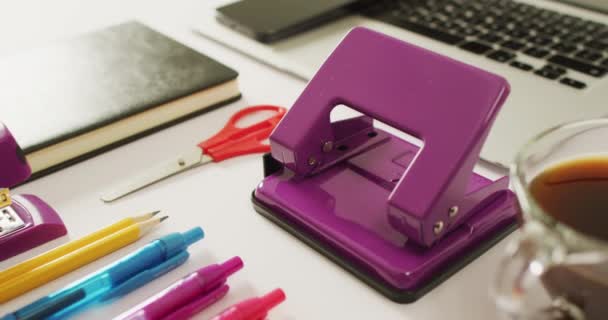Video Diverse Colorful Pen Notebook Scissors Punch Lying Desk Business — Αρχείο Βίντεο