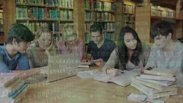 Animation Binary Code Programming Language Multiracial Students Studying Library Digital — Wideo stockowe