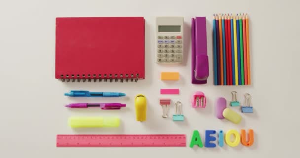Video Composition School Items Notebook Calculator White Background School Equipment — Stok video